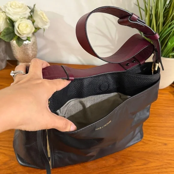 Pour La Victoire Black Leather Hobo Shoulder Bag with a Burgundy Strap - Picture 5 of 11